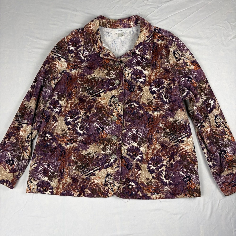CJ‎ Banks Floral Print Corduroy Button Up Jacket Women's Size 1X Grandmacore